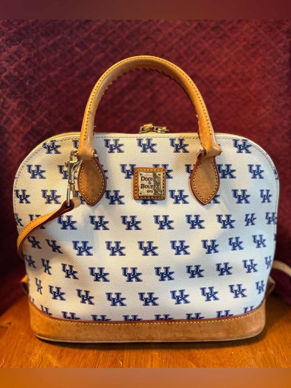Dooney & Bourke White and Blue UK Logo Satchel with Tan Trim